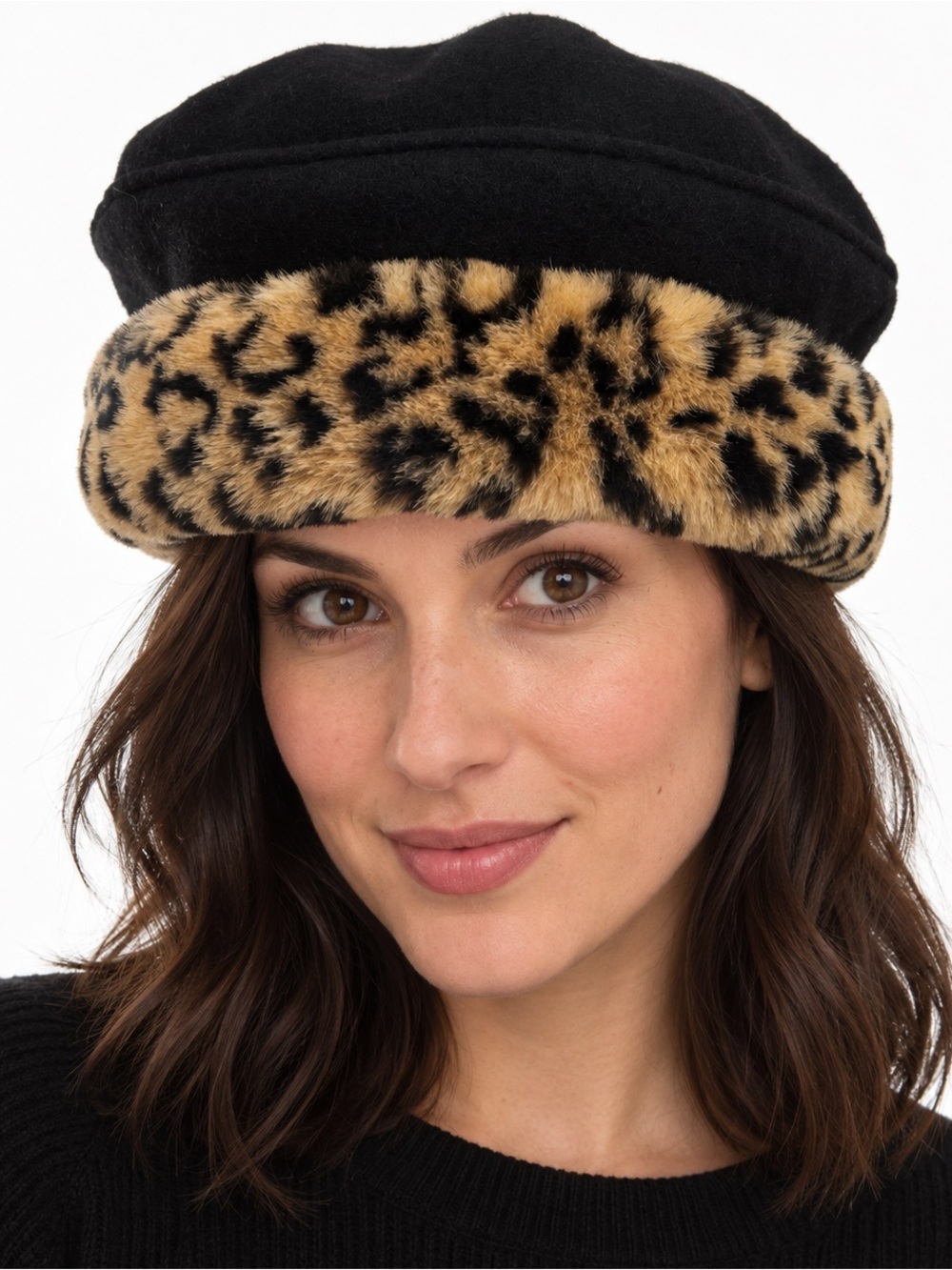 Vintage 90s Parkhurst Black Wool Hat Leopard Faux Fur Cuff 22”-23” Medium